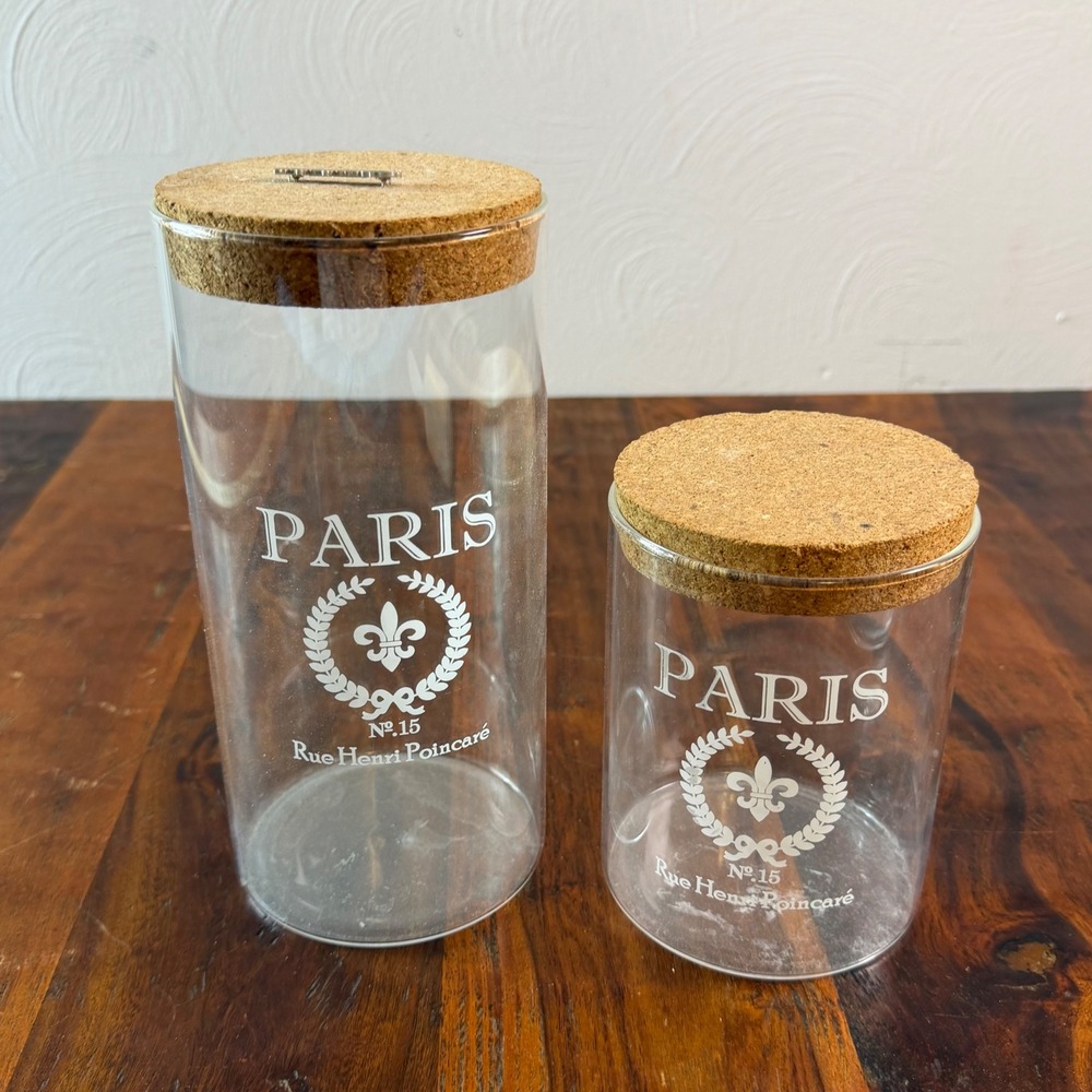 Paris No 15 Rue Henri Poincare Glass Canister Set 2 Fleur De Lis Cork Lids